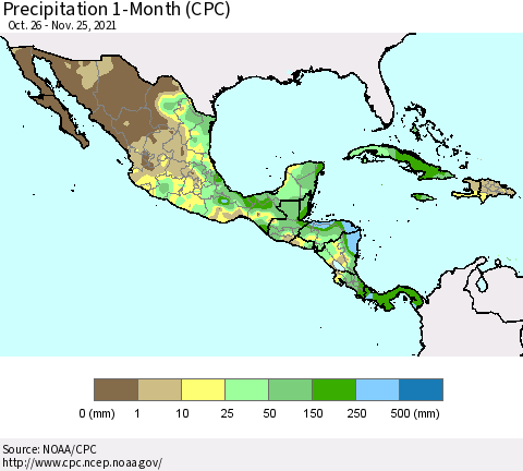 Mexico Central America and the Caribbean Precipitation 1-Month (CPC) Thematic Map For 10/26/2021 - 11/25/2021