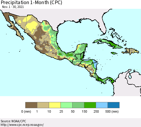 Mexico Central America and the Caribbean Precipitation 1-Month (CPC) Thematic Map For 11/1/2021 - 11/30/2021