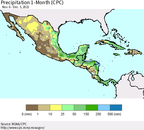 Mexico Central America and the Caribbean Precipitation 1-Month (CPC) Thematic Map For 11/6/2021 - 12/5/2021