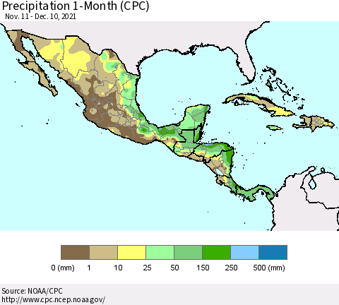 Mexico Central America and the Caribbean Precipitation 1-Month (CPC) Thematic Map For 11/11/2021 - 12/10/2021
