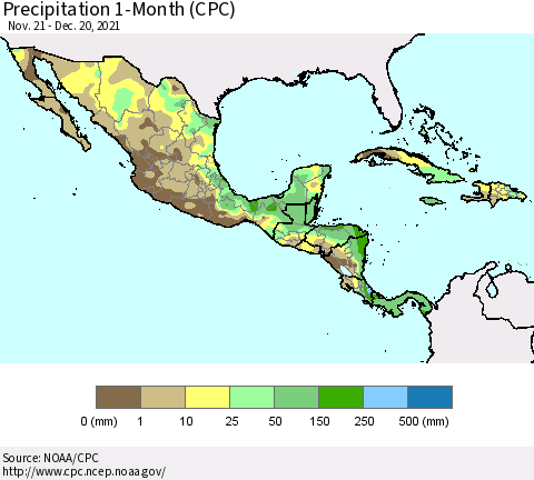 Mexico Central America and the Caribbean Precipitation 1-Month (CPC) Thematic Map For 11/21/2021 - 12/20/2021