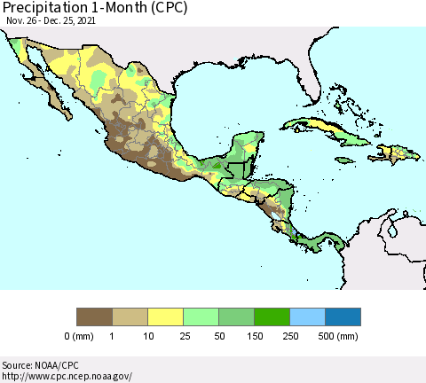 Mexico Central America and the Caribbean Precipitation 1-Month (CPC) Thematic Map For 11/26/2021 - 12/25/2021