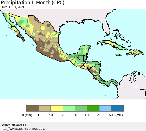 Mexico Central America and the Caribbean Precipitation 1-Month (CPC) Thematic Map For 12/1/2021 - 12/31/2021