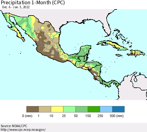 Mexico Central America and the Caribbean Precipitation 1-Month (CPC) Thematic Map For 12/6/2021 - 1/5/2022