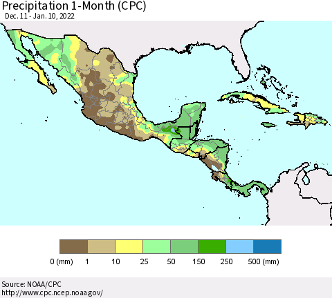Mexico Central America and the Caribbean Precipitation 1-Month (CPC) Thematic Map For 12/11/2021 - 1/10/2022
