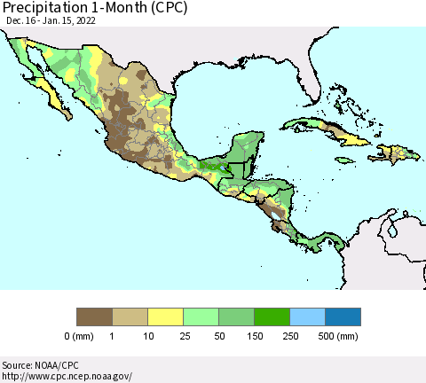Mexico Central America and the Caribbean Precipitation 1-Month (CPC) Thematic Map For 12/16/2021 - 1/15/2022