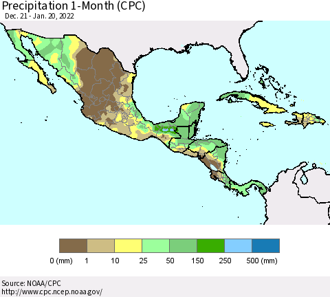 Mexico Central America and the Caribbean Precipitation 1-Month (CPC) Thematic Map For 12/21/2021 - 1/20/2022
