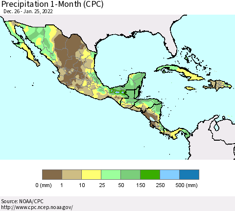 Mexico Central America and the Caribbean Precipitation 1-Month (CPC) Thematic Map For 12/26/2021 - 1/25/2022