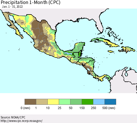 Mexico Central America and the Caribbean Precipitation 1-Month (CPC) Thematic Map For 1/1/2022 - 1/31/2022