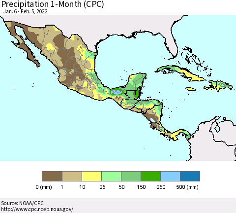 Mexico Central America and the Caribbean Precipitation 1-Month (CPC) Thematic Map For 1/6/2022 - 2/5/2022
