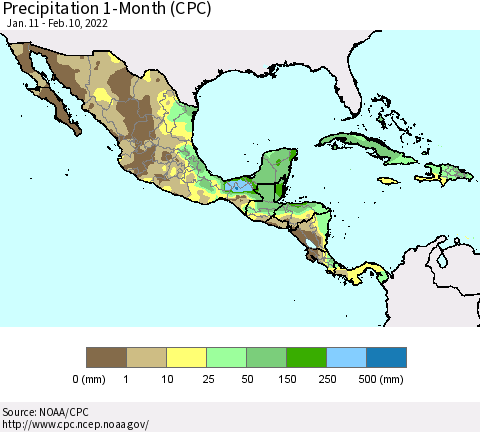 Mexico Central America and the Caribbean Precipitation 1-Month (CPC) Thematic Map For 1/11/2022 - 2/10/2022