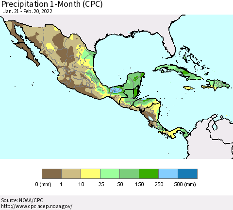 Mexico Central America and the Caribbean Precipitation 1-Month (CPC) Thematic Map For 1/21/2022 - 2/20/2022