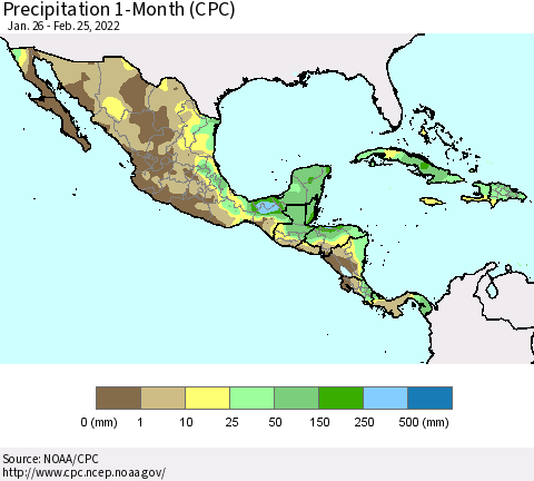 Mexico Central America and the Caribbean Precipitation 1-Month (CPC) Thematic Map For 1/26/2022 - 2/25/2022