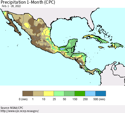 Mexico Central America and the Caribbean Precipitation 1-Month (CPC) Thematic Map For 2/1/2022 - 2/28/2022
