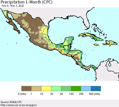 Mexico Central America and the Caribbean Precipitation 1-Month (CPC) Thematic Map For 2/6/2022 - 3/5/2022