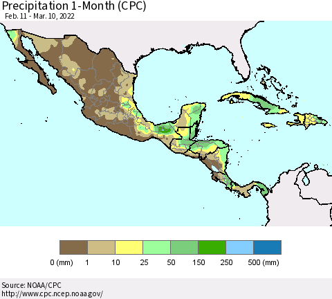Mexico Central America and the Caribbean Precipitation 1-Month (CPC) Thematic Map For 2/11/2022 - 3/10/2022