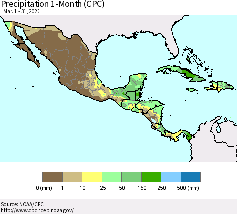 Mexico Central America and the Caribbean Precipitation 1-Month (CPC) Thematic Map For 3/1/2022 - 3/31/2022