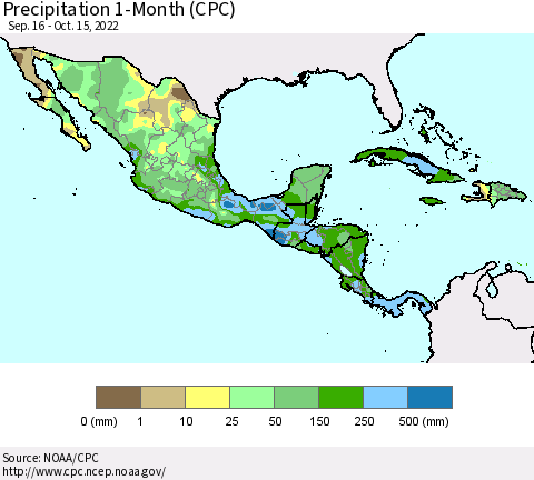 Mexico Central America and the Caribbean Precipitation 1-Month (CPC) Thematic Map For 9/16/2022 - 10/15/2022