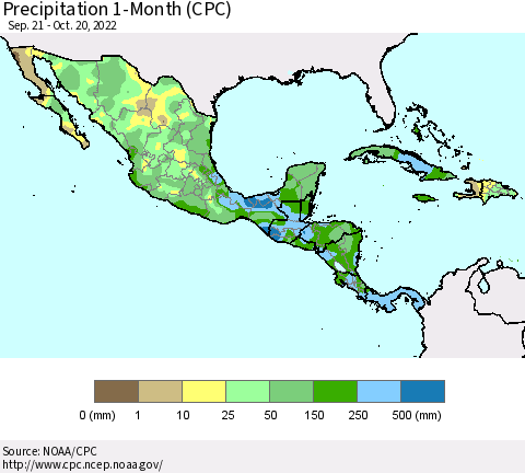 Mexico Central America and the Caribbean Precipitation 1-Month (CPC) Thematic Map For 9/21/2022 - 10/20/2022