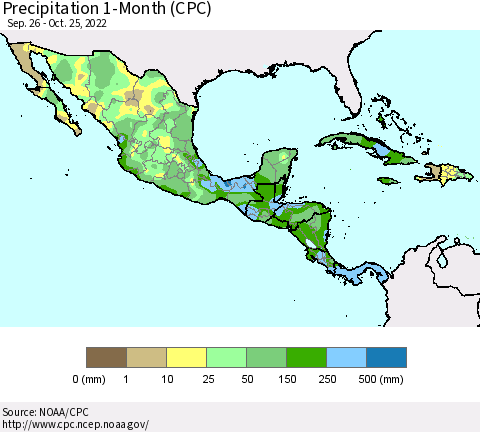 Mexico Central America and the Caribbean Precipitation 1-Month (CPC) Thematic Map For 9/26/2022 - 10/25/2022