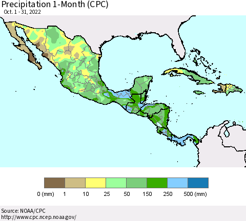 Mexico Central America and the Caribbean Precipitation 1-Month (CPC) Thematic Map For 10/1/2022 - 10/31/2022
