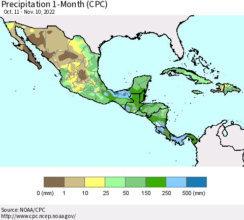 Mexico Central America and the Caribbean Precipitation 1-Month (CPC) Thematic Map For 10/11/2022 - 11/10/2022