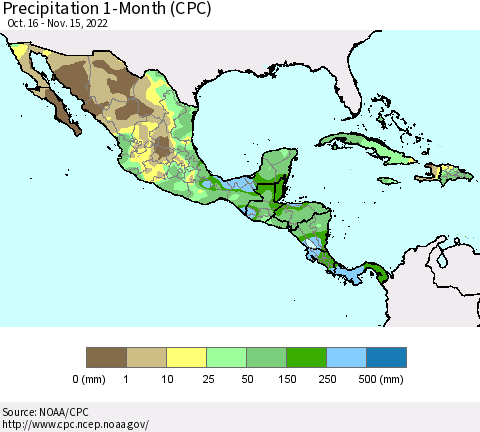 Mexico Central America and the Caribbean Precipitation 1-Month (CPC) Thematic Map For 10/16/2022 - 11/15/2022
