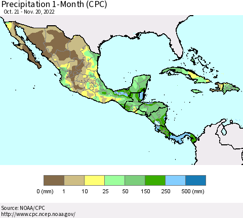 Mexico Central America and the Caribbean Precipitation 1-Month (CPC) Thematic Map For 10/21/2022 - 11/20/2022