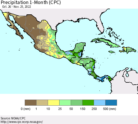 Mexico Central America and the Caribbean Precipitation 1-Month (CPC) Thematic Map For 10/26/2022 - 11/25/2022