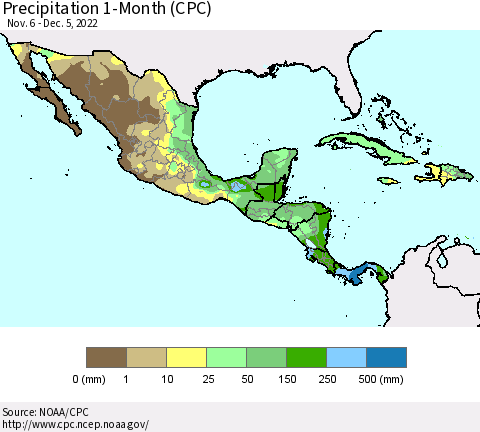 Mexico Central America and the Caribbean Precipitation 1-Month (CPC) Thematic Map For 11/6/2022 - 12/5/2022