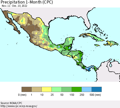 Mexico Central America and the Caribbean Precipitation 1-Month (CPC) Thematic Map For 11/11/2022 - 12/10/2022