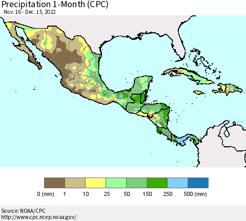 Mexico Central America and the Caribbean Precipitation 1-Month (CPC) Thematic Map For 11/16/2022 - 12/15/2022