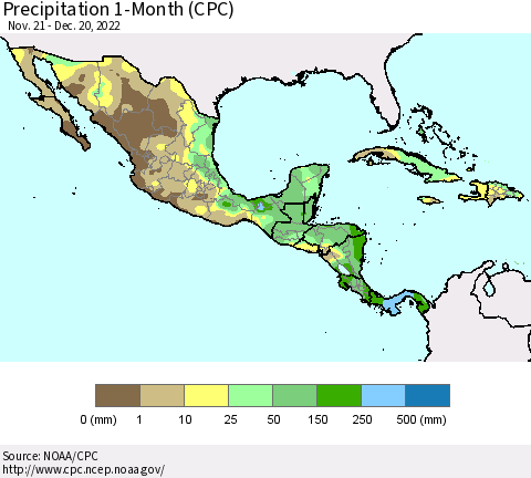 Mexico Central America and the Caribbean Precipitation 1-Month (CPC) Thematic Map For 11/21/2022 - 12/20/2022