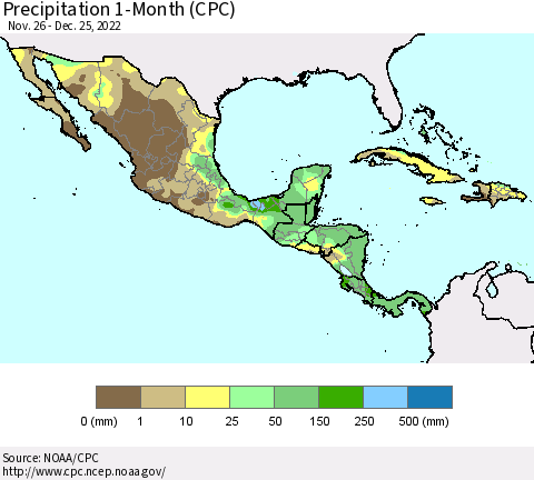 Mexico Central America and the Caribbean Precipitation 1-Month (CPC) Thematic Map For 11/26/2022 - 12/25/2022