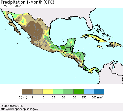 Mexico Central America and the Caribbean Precipitation 1-Month (CPC) Thematic Map For 12/1/2022 - 12/31/2022