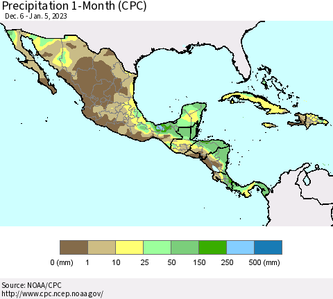 Mexico Central America and the Caribbean Precipitation 1-Month (CPC) Thematic Map For 12/6/2022 - 1/5/2023