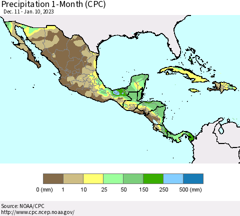 Mexico Central America and the Caribbean Precipitation 1-Month (CPC) Thematic Map For 12/11/2022 - 1/10/2023