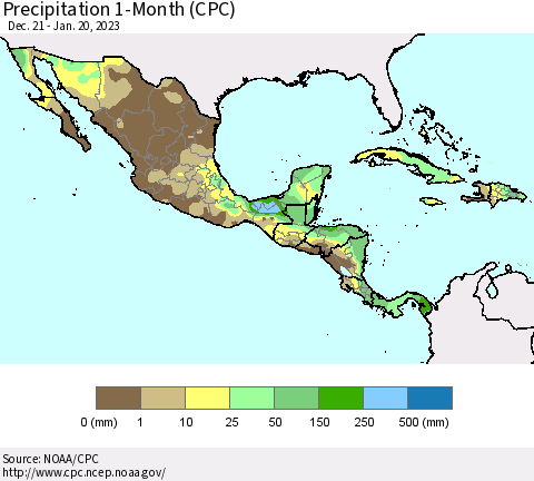 Mexico Central America and the Caribbean Precipitation 1-Month (CPC) Thematic Map For 12/21/2022 - 1/20/2023