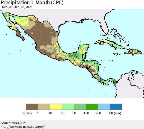 Mexico Central America and the Caribbean Precipitation 1-Month (CPC) Thematic Map For 12/26/2022 - 1/25/2023