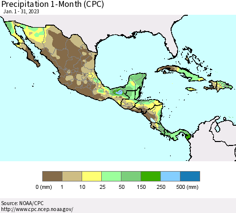 Mexico Central America and the Caribbean Precipitation 1-Month (CPC) Thematic Map For 1/1/2023 - 1/31/2023