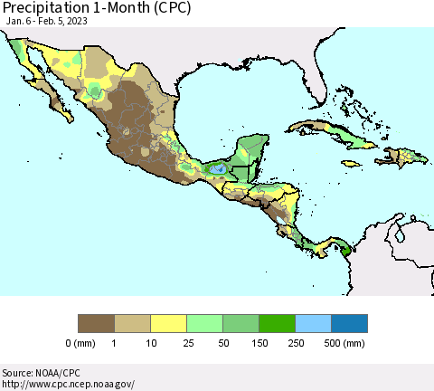 Mexico Central America and the Caribbean Precipitation 1-Month (CPC) Thematic Map For 1/6/2023 - 2/5/2023