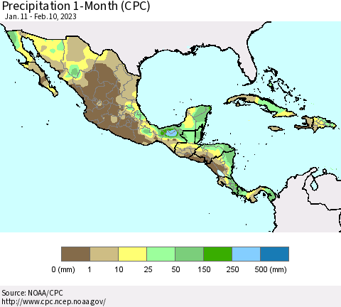 Mexico Central America and the Caribbean Precipitation 1-Month (CPC) Thematic Map For 1/11/2023 - 2/10/2023