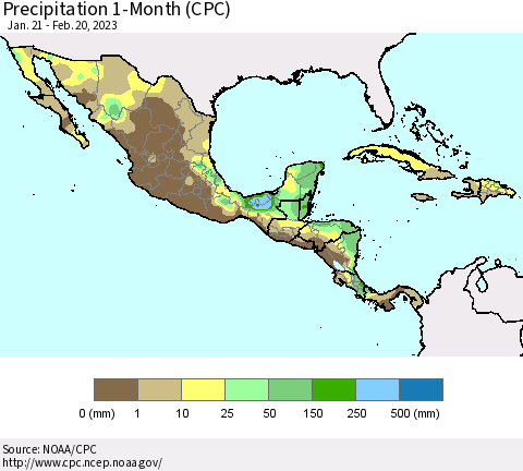 Mexico Central America and the Caribbean Precipitation 1-Month (CPC) Thematic Map For 1/21/2023 - 2/20/2023