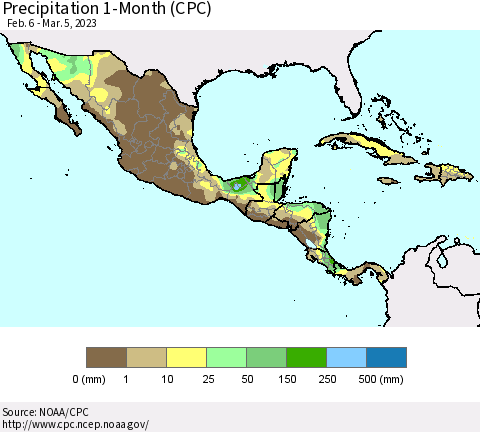 Mexico Central America and the Caribbean Precipitation 1-Month (CPC) Thematic Map For 2/6/2023 - 3/5/2023