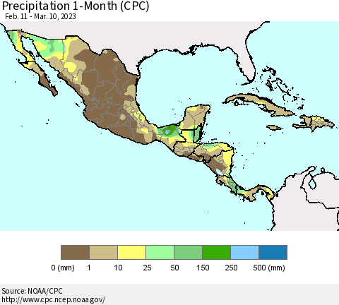 Mexico Central America and the Caribbean Precipitation 1-Month (CPC) Thematic Map For 2/11/2023 - 3/10/2023