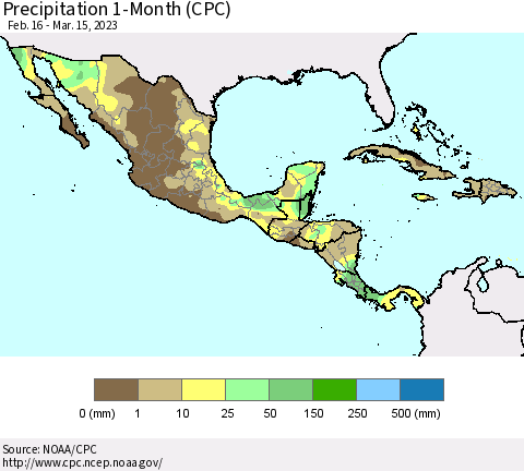 Mexico Central America and the Caribbean Precipitation 1-Month (CPC) Thematic Map For 2/16/2023 - 3/15/2023