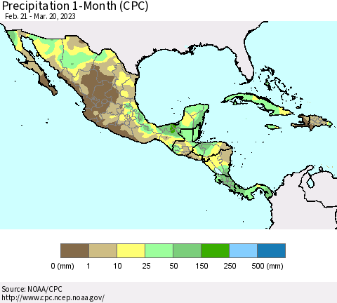 Mexico Central America and the Caribbean Precipitation 1-Month (CPC) Thematic Map For 2/21/2023 - 3/20/2023
