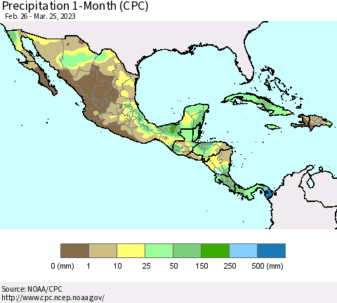 Mexico Central America and the Caribbean Precipitation 1-Month (CPC) Thematic Map For 2/26/2023 - 3/25/2023