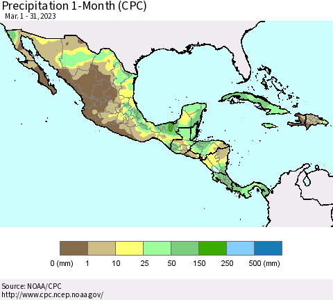 Mexico Central America and the Caribbean Precipitation 1-Month (CPC) Thematic Map For 3/1/2023 - 3/31/2023