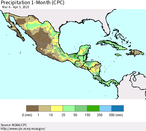 Mexico Central America and the Caribbean Precipitation 1-Month (CPC) Thematic Map For 3/6/2023 - 4/5/2023